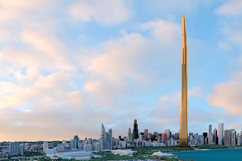 The Illinois, Chicago, Frank Lloyd Wright's unbuilt skyscraper opus. Rendering courtesy of David Romero.