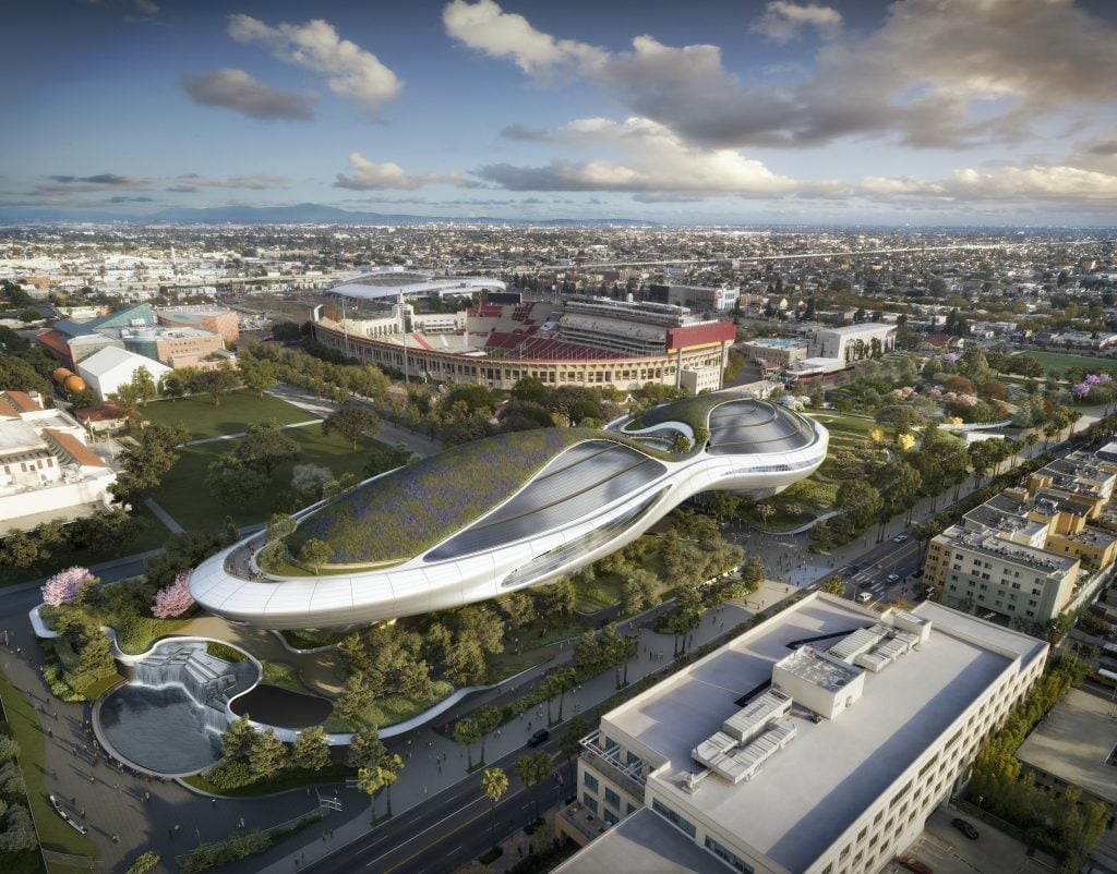 Aerial rendering of Lucas Museum of Narrative Art, Los Angeles, California Credit: Designed by Ma Yansong of MAD Architects, image courtesy of Lucas Museum of Narrative Art