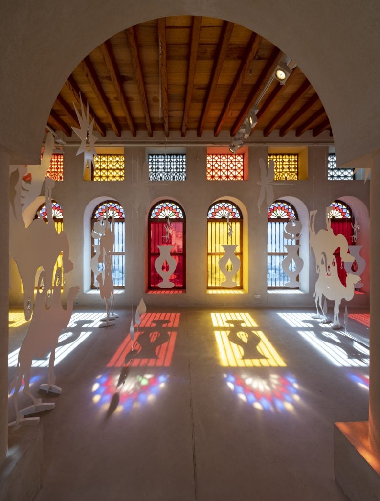 Aziza Shadenova, Treasured Shadows, 2022. Produced by Sharjah Art Foundation. Installation view: Sharjah Biennial 15, Bait Al Serkal, 2023. Image courtesy of Sharjah Art Foundation. Photo: Shanavas Jamaluddin.