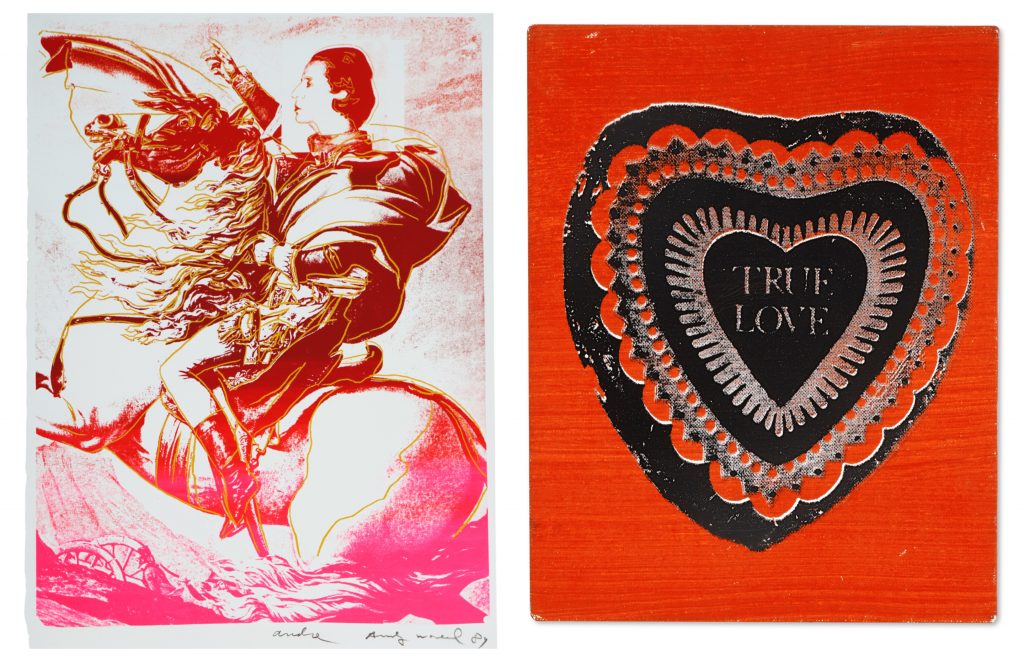 Andy Warrhol's Diana Vreeland Rampant (after Jacques Louis David, Napoleon at St. Bernard) and Candy Box (True Love). Courtesy of Christie's Auction House. 