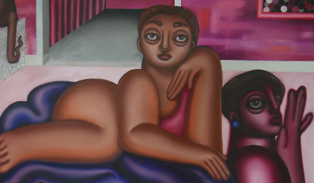 Georgia Dymock, Two Figures with Cat Tail (2022). Courtesy of JD Malat Gallery, London.