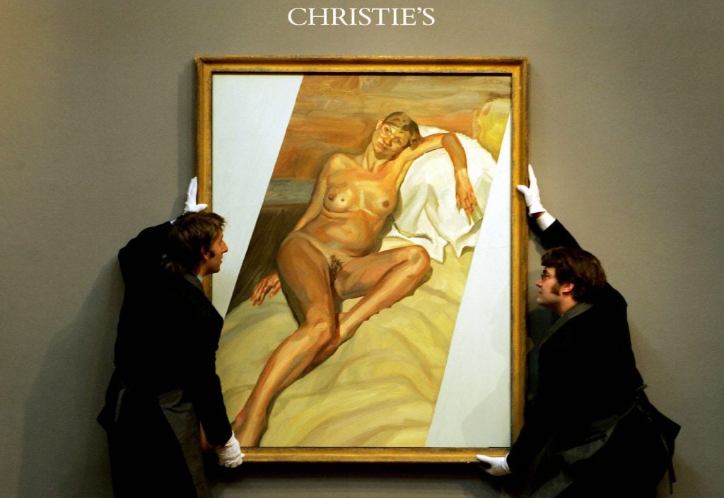 Lucian Freud's painting Naked Portrait 2002 (2002) of supermodel Kate Moss ahead of its sale at Christie's. Photo: Jim Watson/AFP via Getty Images.