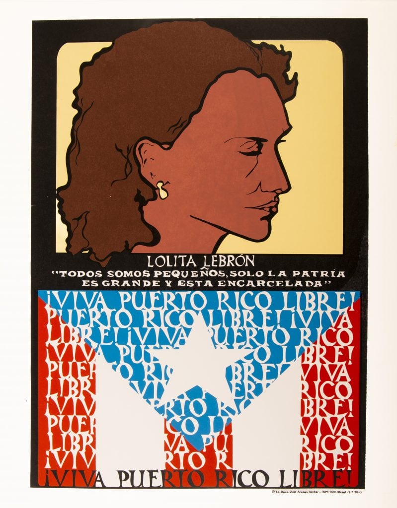 Lidia Zamora Lucero, Lolita Lebrón, ¡Viva Puerto Rico Libre!. (1975). Collection of the Blanton Museum of Art, the University of Texas at Austin, Gilberto Cárdenas Collection, gift of Gilberto Cárdenas and Dolores Garcia, 2023.