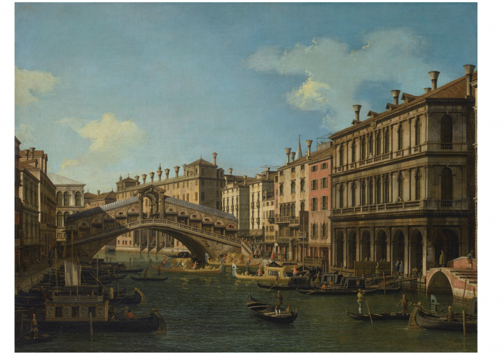 Canaletto, <I>The Rialto Bridge, Venice, from the south with an embarkation, traditionally identified as the Prince of Saxony during his visit to Venice in 1740</I> (1740). Courtesy of Christie's Images, Ltd.