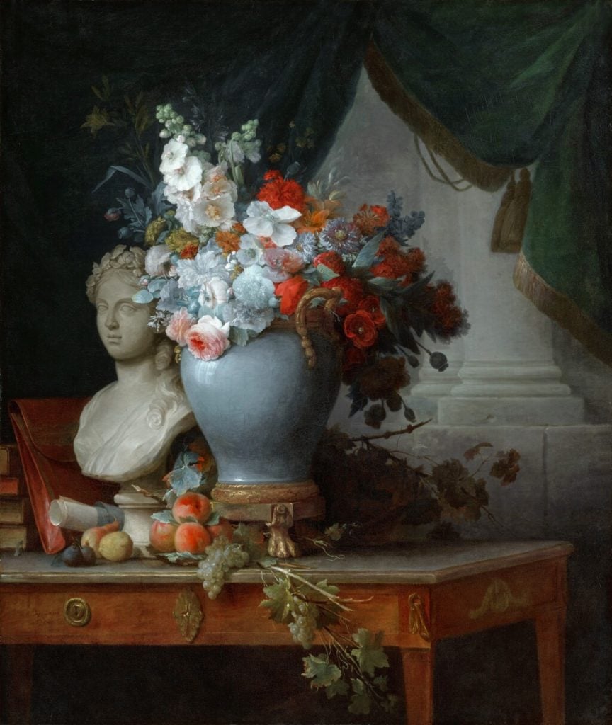 Anne Vallayer-Coster, <em>Still life of flowers in a vase on a table beside a bust of Flora, with fruit and other objects with a curtain beyond</em> (1774). Courtesy of Sotheby's New York.