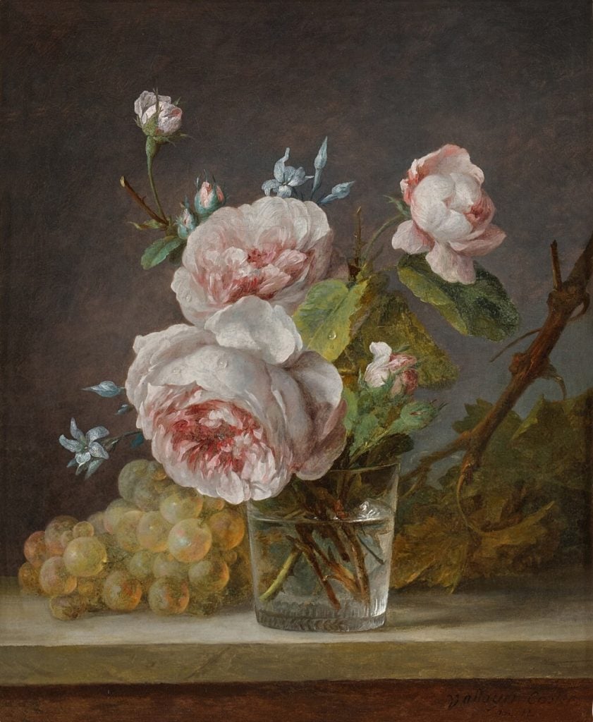 Anne Vallayer-Coster, Still Life of Roses in a Glass Vase, with Grapes Beside (1804). Courtesy of Sotheby's New York.
