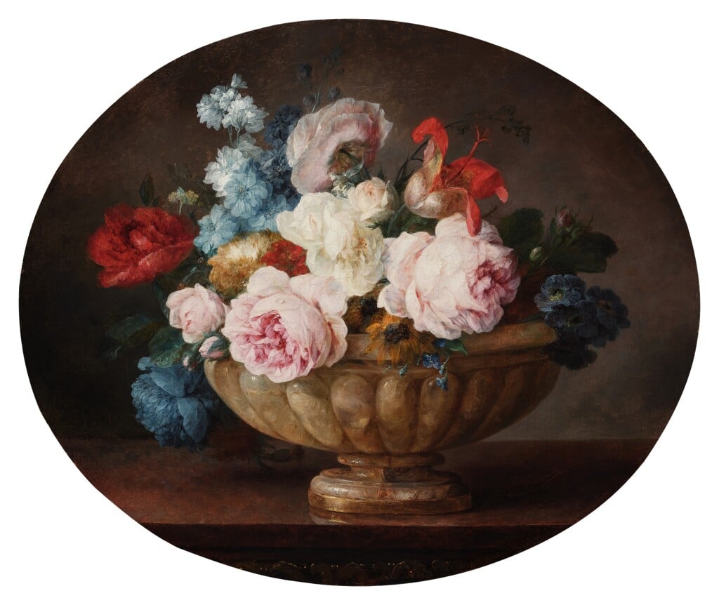 Anne Vallayer-Coster, Still life of flowers in an alabaster vase. Courtesy of Sotheby's New York.