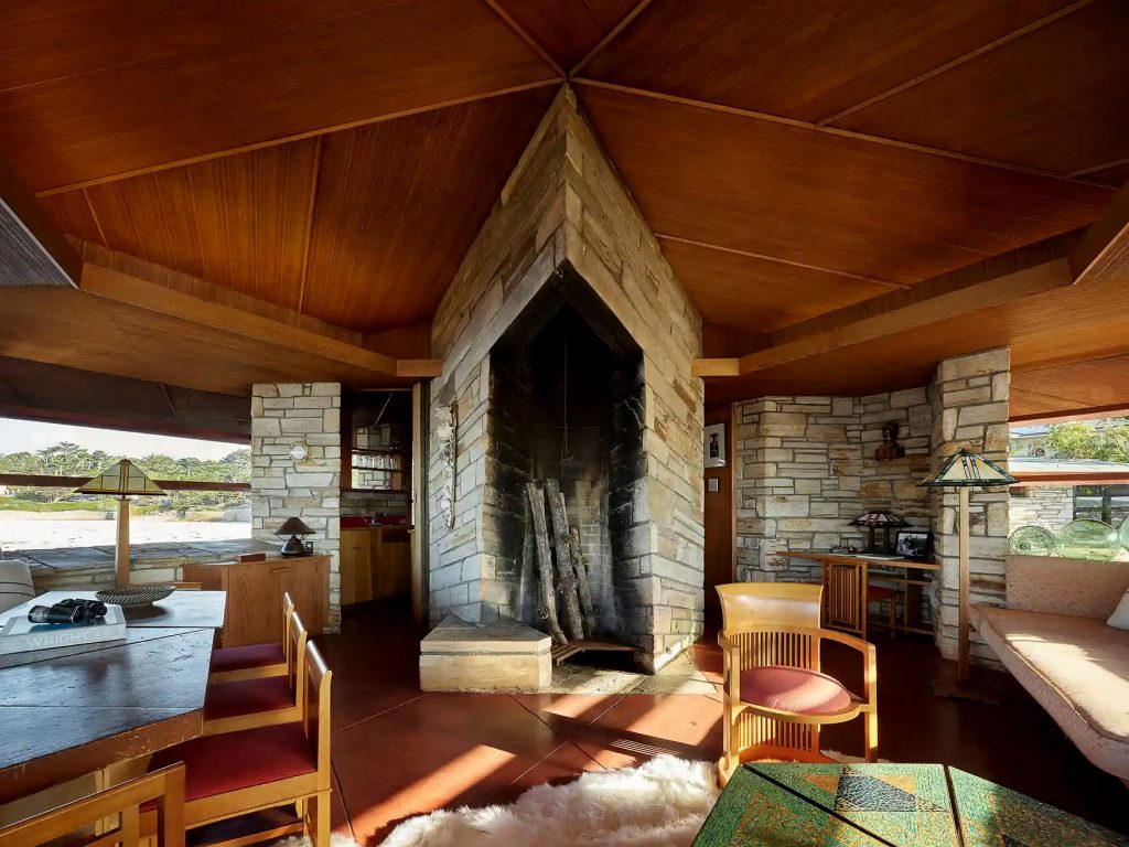 The floor-to-ceiling fireplace in Frank Lloyd Wright's home for Della Walker. Courtesy of Sotheby's International Realty.