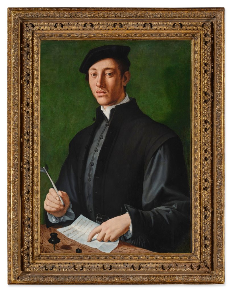 Bronzino, <I>Portrait of a young man with a quill and a sheet of paper, possibly a self-portrait</I>. Courtesy of Sotheby's.