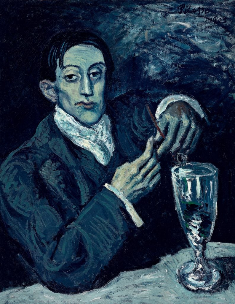 Pablo Picasso, <em>Portrait d'Angel Fernández de Soto (The Absinthe Drinker)</eM>, 1903. The painting sold at Christie's London in 2010 for £34.7 million ($51.8 million) following a settlement between the Andrew Lloyd Webber and the heirs of Paul von Mendelssohn-Bartholdy, a German Jewish collector forced to sell it under Nazi rule. 