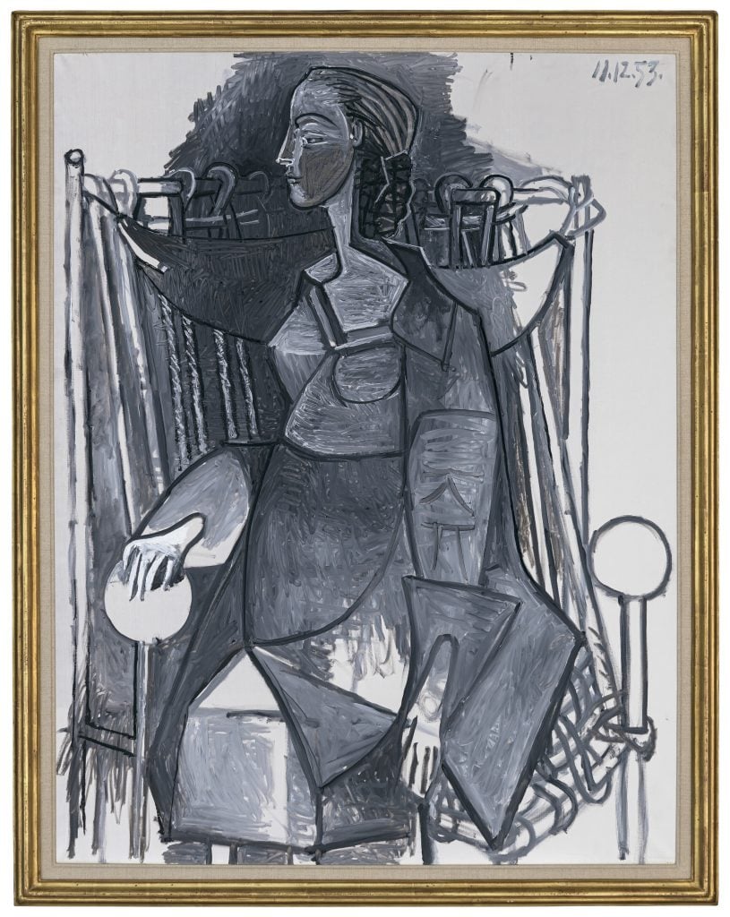 Pablo Picasso, <i>Femme assise dans un fauteuil tressé, en gris (Françoise)</i> (1953). Courtesy of Christie's Images, Ltd.