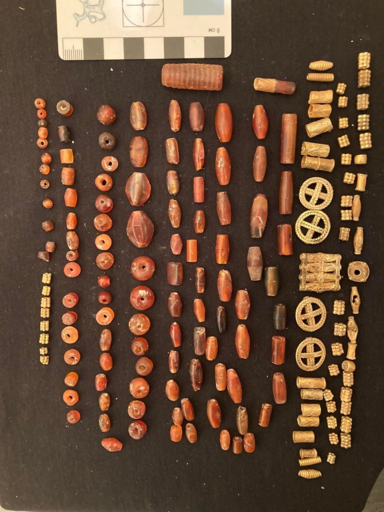 Beads and gold pendants from a recently discovered tomb at the Metsamor necropolis in Armenia. Photo courtesy of the Service for the Protection of Historical Environment and Cultural Museum-Reserves.