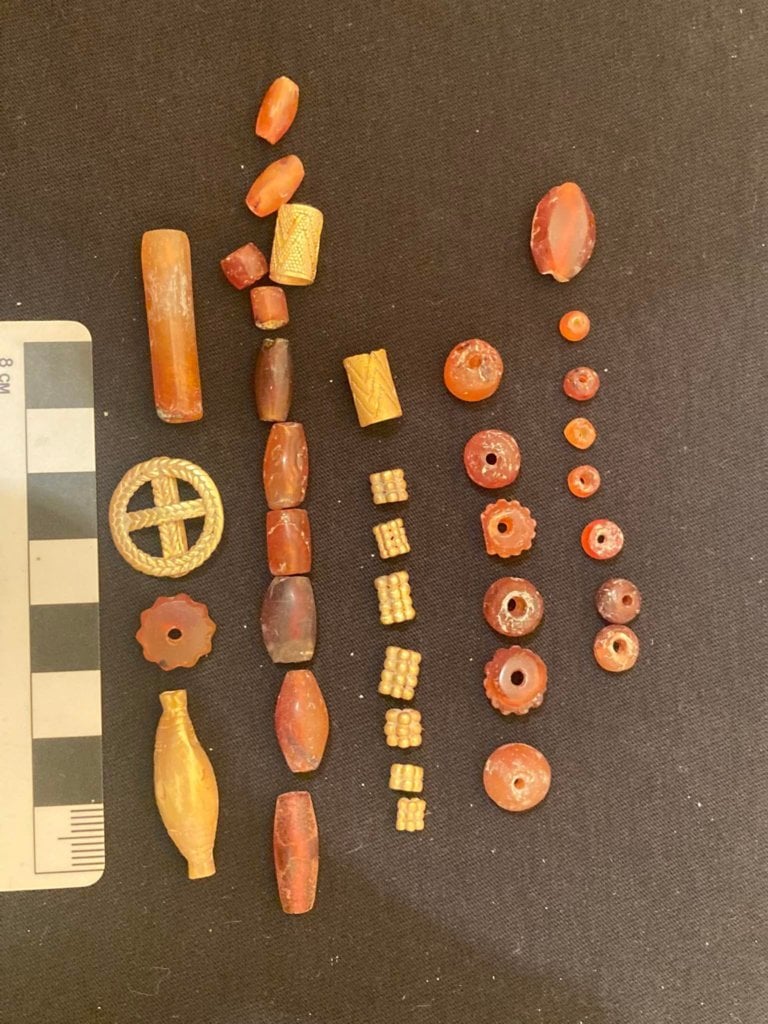 Beads and gold pendants from a recently discovered tomb at the Metsamor necropolis in Armenia. Photo courtesy of the Service for the Protection of Historical Environment and Cultural Museum-Reserves.
