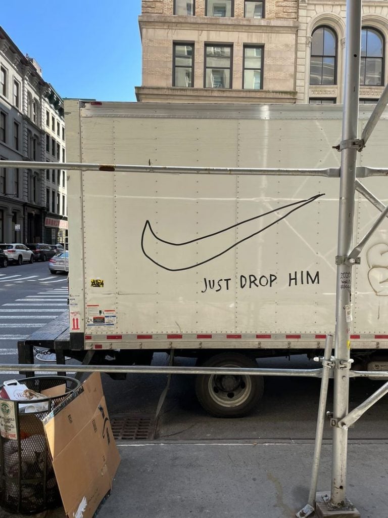 Artist Corey Escoto affixed this call for Nike to drop Tom Sachs on a truck on Broadway in Tribeca. Photo by wetlegz.