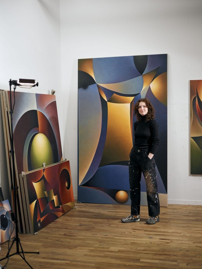 Angela Heisch in her studio. Courtesy the artist and Pippy Houldsworth Gallery, London. Photo: Matthew Herrmann © Angela Heisch