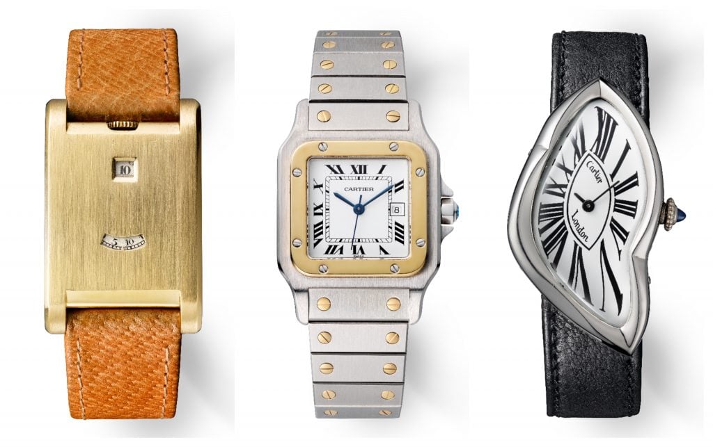 Tank à Guichets wristwatch (Cartier Paris, 1928. Provenance: Sir Bhupindra Singh, Maharaja of Patiala), Santos wristwatch with self-winding movement (large model, 1996), and Crash wristwatch (Cartier London, 1990). Photos: (L+R) Vincent Wulveryck, all courtesy of Cartier.