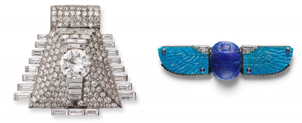 'Pyramid' clip brooch, Cartier Paris, special order, 1935.Platinum, round old-cut diamonds, baguette- and single-cut diamonds. Two identical clip brooches were originally made to be worn separately or as a single piece; the client later asked that one of the brooches be set on a bracelet of white gold and black lacquer and 'Scarab' belt buckle, Cartier Paris, 1926. Gold, platinum, blue Egyptian faience (scarab and wings), square-shaped diamonds, baguette-, brilliant-, round old-, and single-cut diamonds, sapphire cabochons, black enamel. Sold to Mrs. Cole Porter. Photos: Vincent Wulveryc (L) and Marian Gérard (R), courtesy of Cartier. 