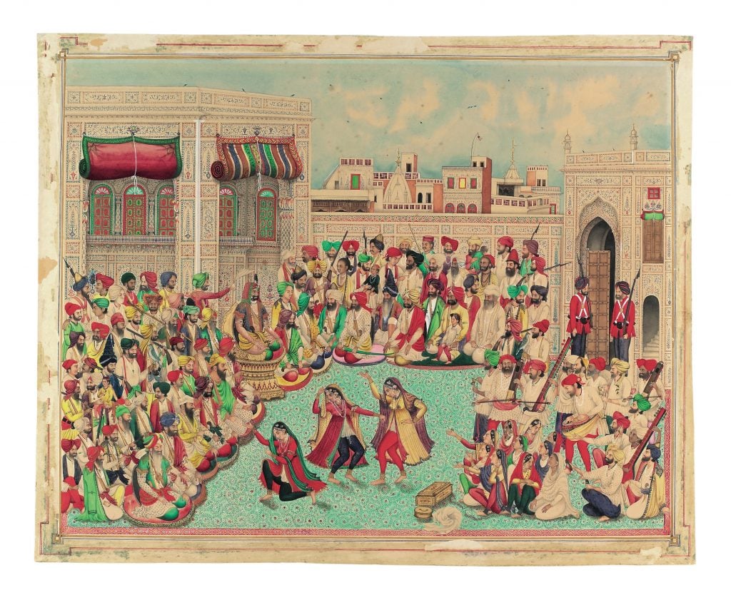 Maharaja Sher Singh and companions watching a dance performance (ca. 1850). Pakistan; Lahore. Opaque watercolors and gold on paper. Collection of the San Diego Museum of Art, Edwin Binney 3rd Collection. 