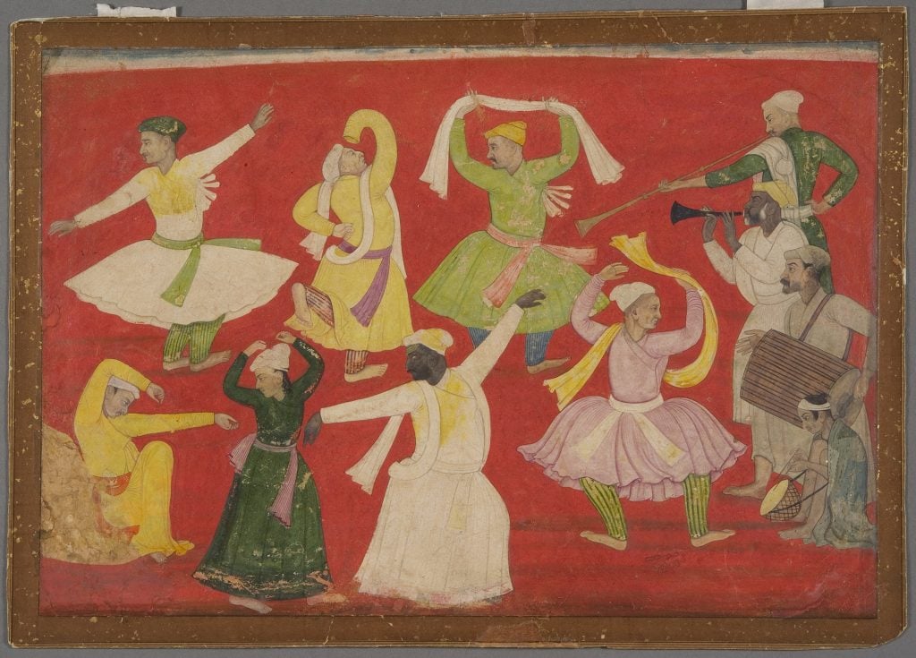 Attributed to Pandit Seu, <em>Dancing villagers</em> (ca. 1730). Indian. Opaque watercolors on paper. Collection of the Los Angeles County Museum of Art, from the Nasli and Alice Heeramaneck Collection, Museum Associates Purchase.