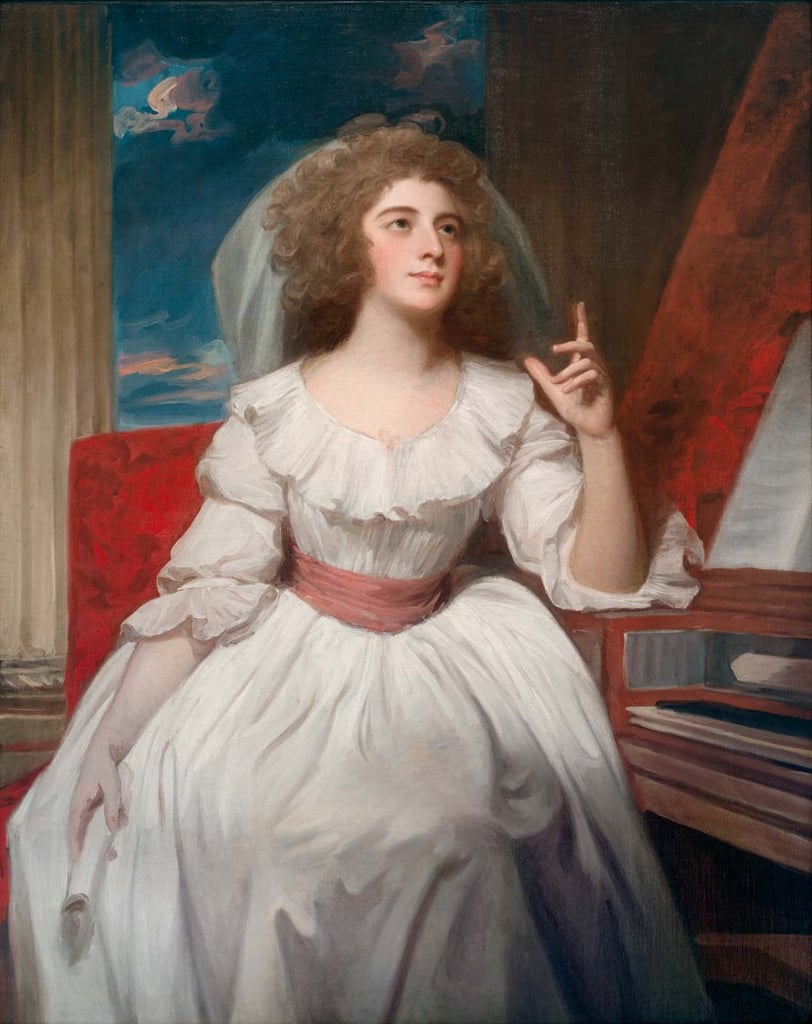 George Romney, Mrs. Billington as Saint Cecilia (1787–88). Collection of the MFA Boston. The English sitter is shown in the chemise la rein style that had scandalized the public just a few years before.