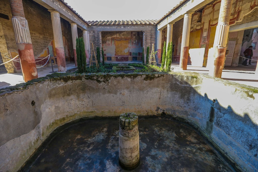 An internal view of the Dioscuri house, with a large tub, inside the archaeological excavations of Pompeii, reopened after the recent restoration. Photo by Marco Cantile/LightRocket via Getty Images.