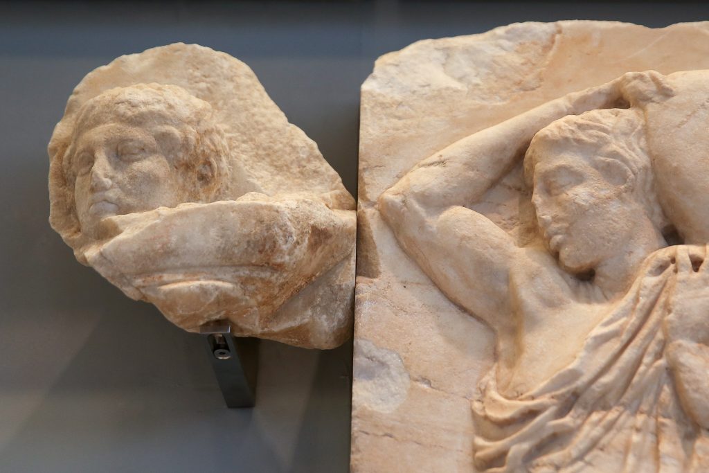 Reunification ceremony for three Parthenon fragments from the Vatican Museum, at the Acropolis Museum in Athens Greece on March 24, 2023. Pope Francis donated the three fragments to the Archbishop Ieronymos. Photo by Costas Baltas/Anadolu Agency via Getty Images.