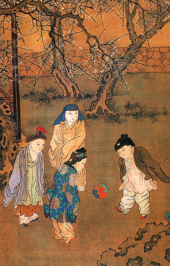 Children playing cuju, a precursor of football. Song Dynasty painter Su Hanchen (1101-1160). National Palace Museum, Taipei. Photo by Pictures from History/Universal Images Group via Getty Images.