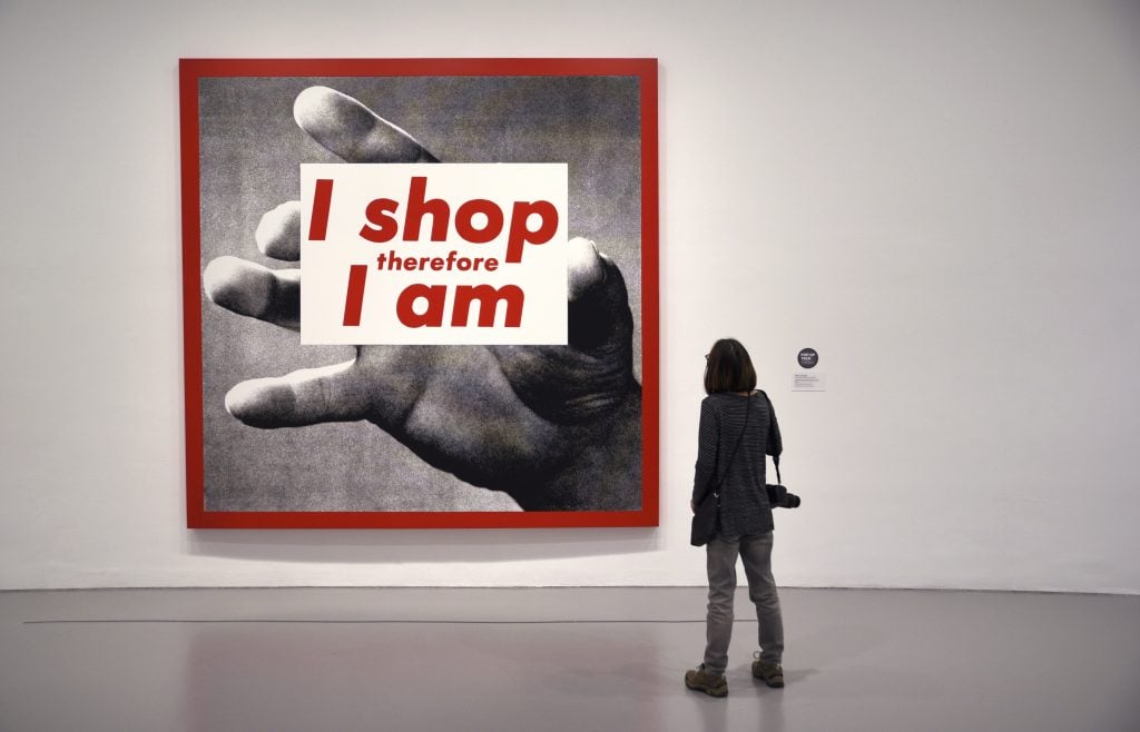 Barbara Kruger's <i>I Shop Therefore I Am</i> at the Hirshhorn Museum. (Photo by Robert Alexander/Getty Images)