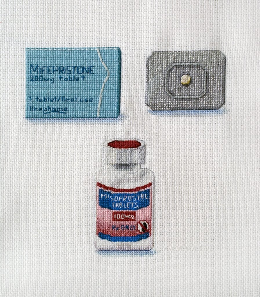 Medical Abortion (2015), an embroidery by Katrina Majkut was removed from the show titled "Unconditional Care" at the Lewis-Clark State College Center for Arts & History, in Idago. Image courtesy Katrina Majkut.