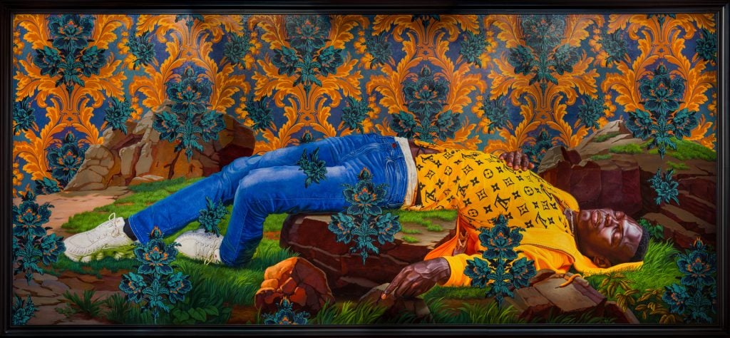 Kehinde Wiley, Femme piquée par un serpent (Mamadou Gueye), 2021. Photo by Ugo Carmeni, courtesy of the artist and Templon, Paris, Brussels, and New York.