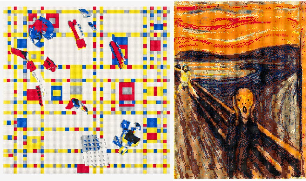 Left: Ai Weiwei, Untitled (After Mondrian) (2021). LEGO Bricks, 60 x 60 inches. Edition of 10. Right: Ai Weiwei, Untitled (After Munch) (2021). LEGO Bricks, 60 x 60 inches. Edition of 10. Images courtesy of the artist.
