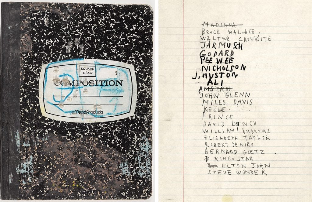 Jean-Michel Basquiat, <em>Untitled (notebooks)</em> (1980–1987). Notebook cover: mixed media on board. Notebook page: mixed media, ink marker, wax crayon, and ink on ruled notebook paper. Image courtesy of Larry Warsh.