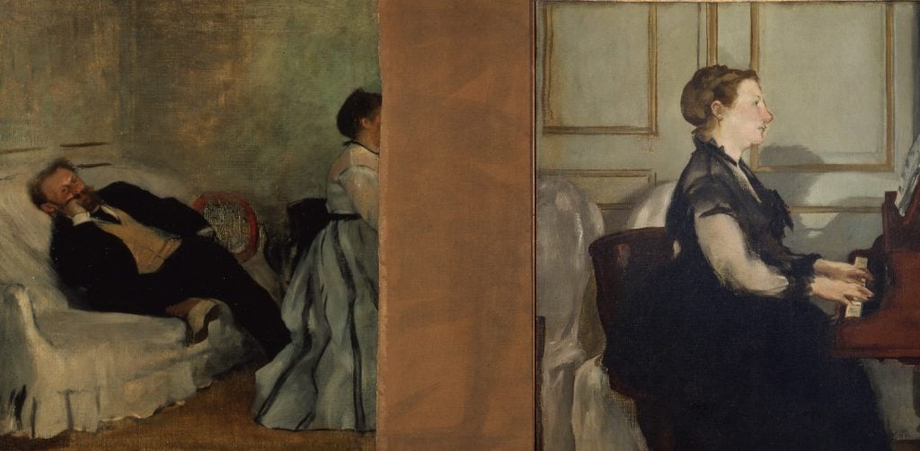 (L) Edgar Degas <i>Monsieur et Madame Manet</i> (1868-69). Kitakyushu, Kitakyushu Municipal Museum of Art, Japan © Kitakyushu Municipal Museum of Art (R) Edouard Manet <i>Madame Manet au piano</i> (1868). Paris, musée d'Orsay© Musée d’Orsay, Dist. RMN-Grand Palais / Patrice Schmidt