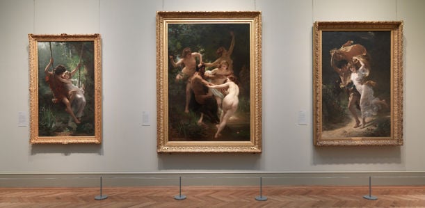 Pierre-Auguste Cot's Springtime (1873) [left] and Storm (1880) right, with Cot's teacher William-Adolphe Bouguereau's Nymphs and Satyr (1873) at center.
