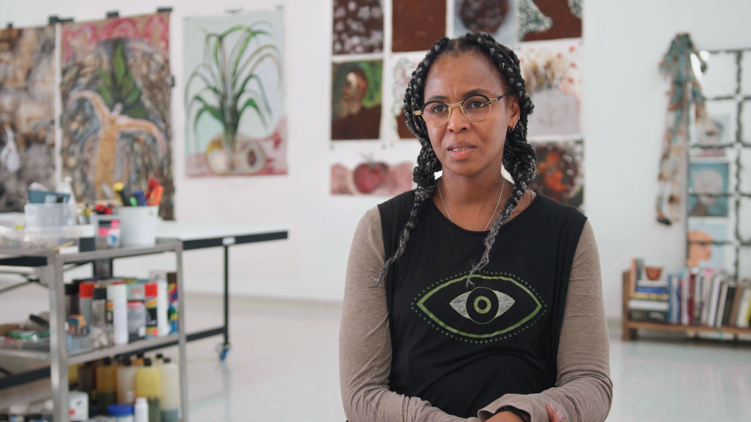 Production still from the Art21 "Extended Play" film, "Wangechi Mutu: Between the Earth and the Sky." © Art21, Inc. 2021.