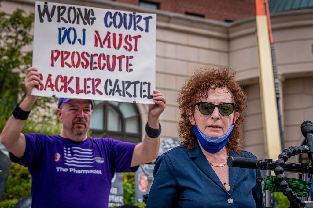 Nan Goldin protests outside the United States Bankruptcy Court in White Plains 