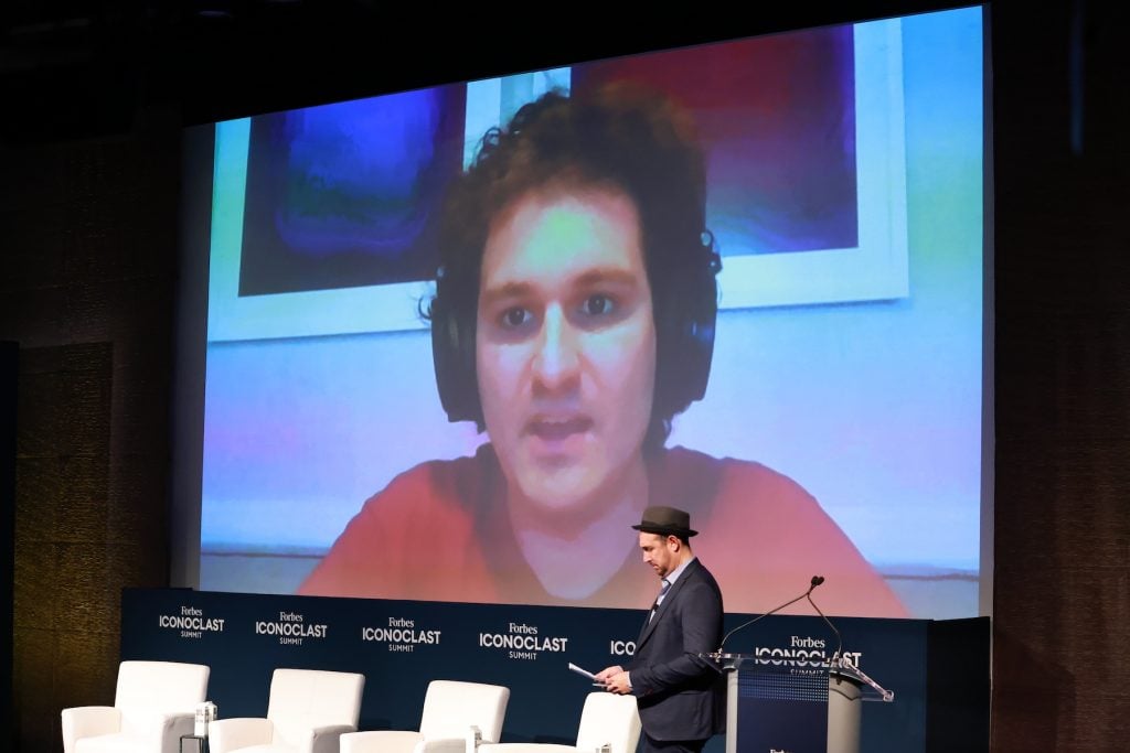 Sam Bankman-Fried attends via video call during the 2022 Forbes Iconoclast Summit