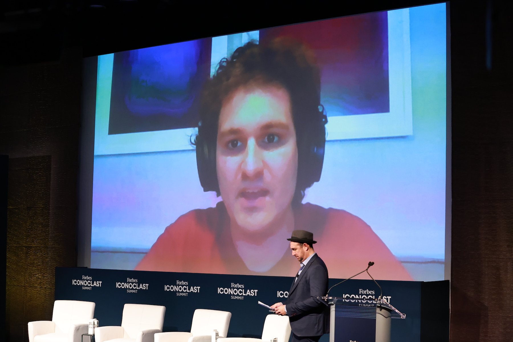 Sam Bankman-Fried attends via video call during the 2022 Forbes Iconoclast Summit