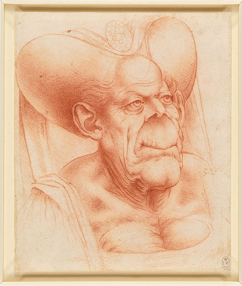 Francesco Melzi, after Leonardo, ‘The bust of a grotesque old woman’ (1510-20). Red chalk on paper. The Royal Collection / HM King Charles III Royal Collection Trust / © His Majesty King Charles III 2023. Courtesy of the National Gallery.