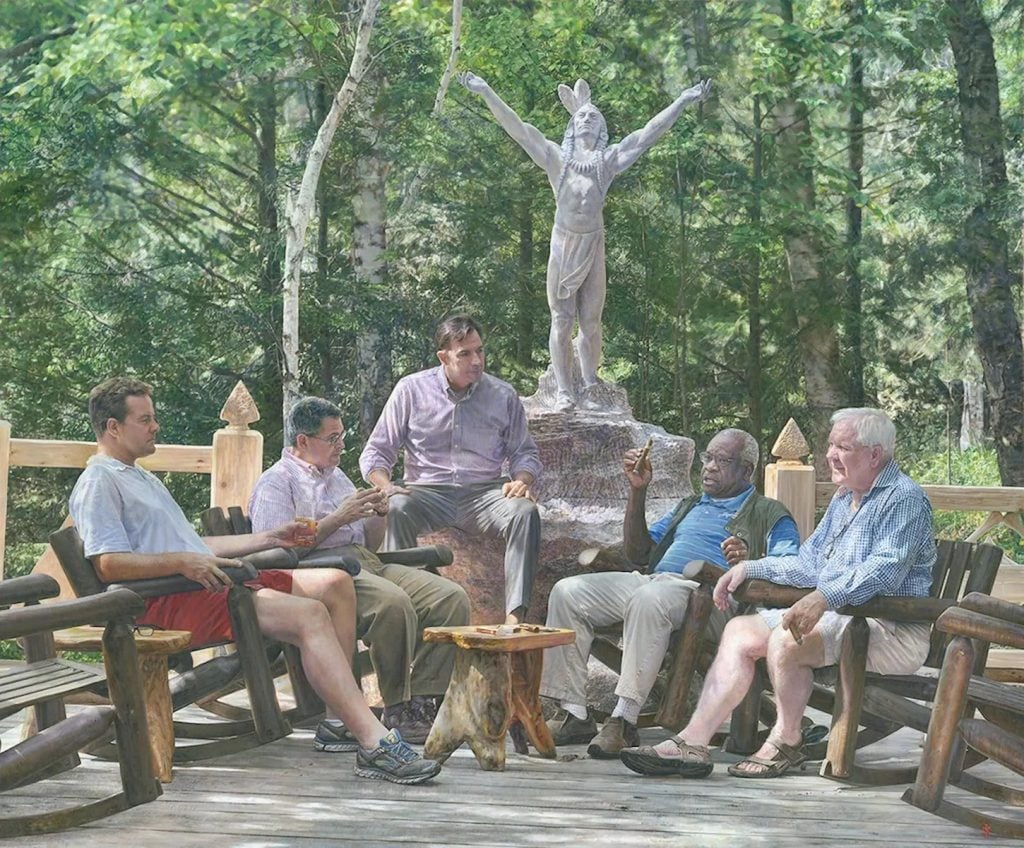 Republican operative lawyers Peter Rutledge, Leonard Leo, and Mark Paoletta are depicted with United States Supreme Court Justice Clarence Thomas and Republican donor Harlan Crow in this painting by Sharif Tarabay. The canvas is both set at Crow's lavish Adirondacks resort, Camp Topridge, and part of the compound's decor.