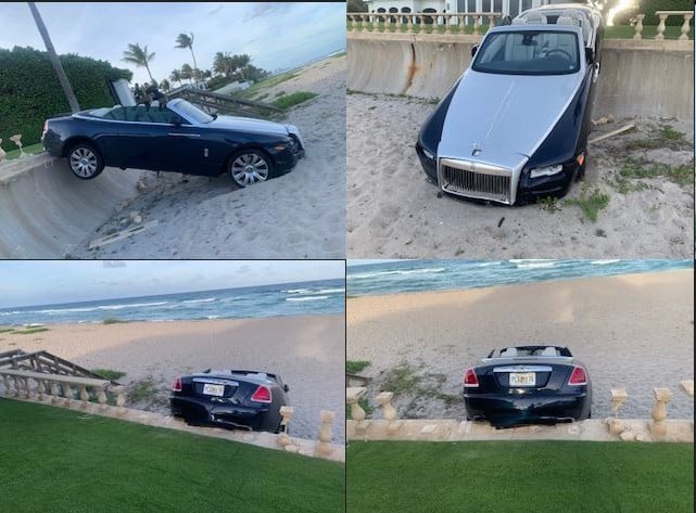 The Rolls Royce that crashed into Damien Hirst's <em>Sphinx</em>, reportedly valued at $3 million, at the Palm Beach home of art collectors Steven and Lisa Tananbaum. Photo courtesy of Palm Beach Police. 