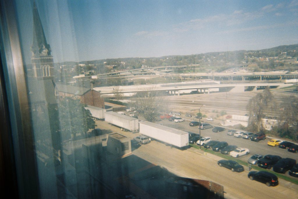 Somewhere between London and Cleveland, I got Covid. Had to miss a show in Cleveland and drive to Knoxville because I didn’t want to get on a plane. I was stuck in a hotel in Knoxville for several days before Big Ears started. This is the view from my hotel. Knoxville, TN.