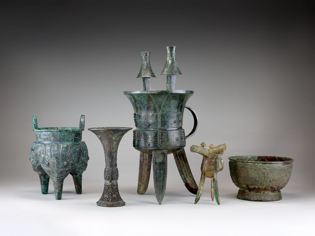 Installation view of five Chinese bronzes ( Shang Dynasty, ca. 1600–1050 B.C.E) in "Anyang: China’s Ancient City of Kings." Courtesy of Smithsonian's National Museum of Asian Art, Washington, D.C.
