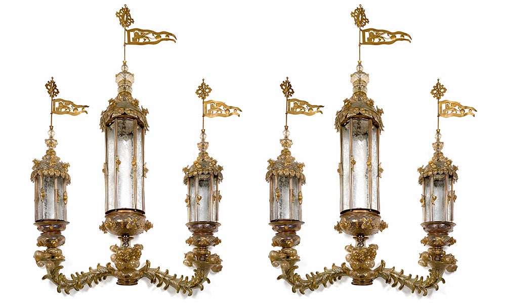 Pair of Murano glass-wall sconces that once shone in the Hotel Bauer Palazzo. Courtesy of Artcurial.