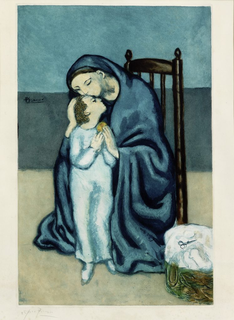 After Pablo Picasso by Jacques Villon, Maternité (Ginestet & Pouillon E670) Etching and aquatint in colours, (1930). Image courtesy Bonhams.