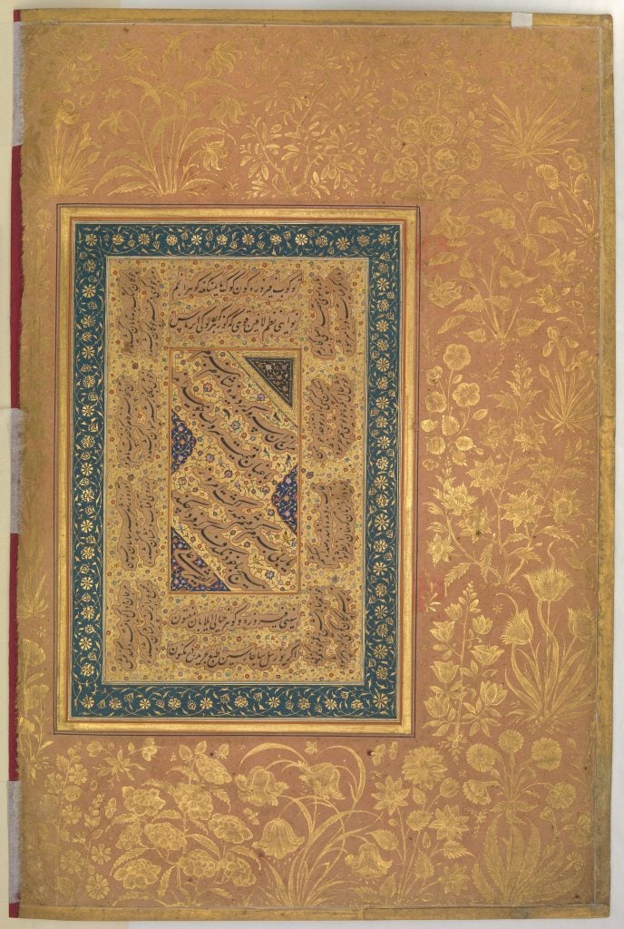 "Portrait of Mulla Muhammad Khan Vali o Bijapur," Folio from the Shah Jahan Album, verso, (1537–47). Collection of the Metropolitan Museum of Art, New York.