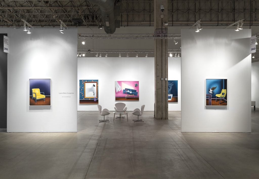 Installation view of Laure Mary-Couégnias solo booth at Richard Hellery Gallery (Los Angeles) at Expo Chicago. Image courtesy Richard Heller Gallery.