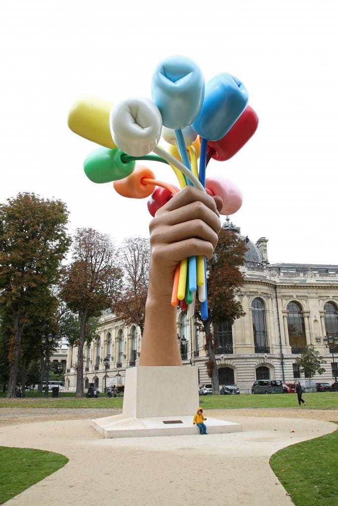 Installation view at the Petit Palais, Paris, of Jeff Koons, Bouquet of Tulips Bouquet (2019). Photo by Bertrand Rindoff Petroff/Getty Images.