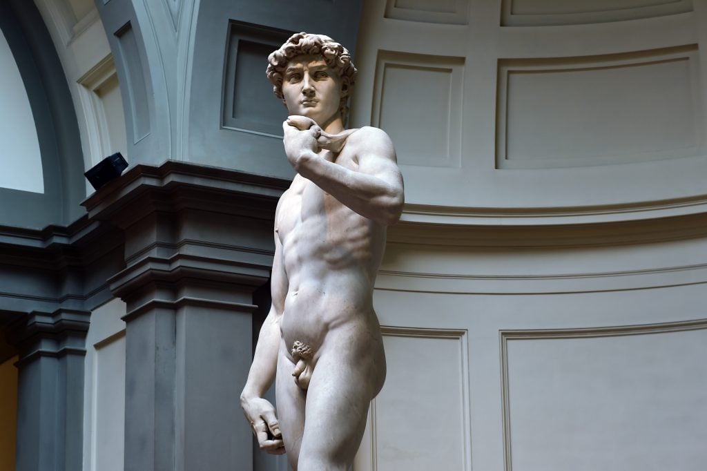 vFLORENCE, ITALY - MAY 02: The David statue by italian rinascimental artist Michelangelo Buonarroti during the presentation of the celebrations for Michelangelo, <em>David</em> at the Galleria dell'Accademia in Florence. Photo by Roberto Serra, Iguana Press/Getty Images.