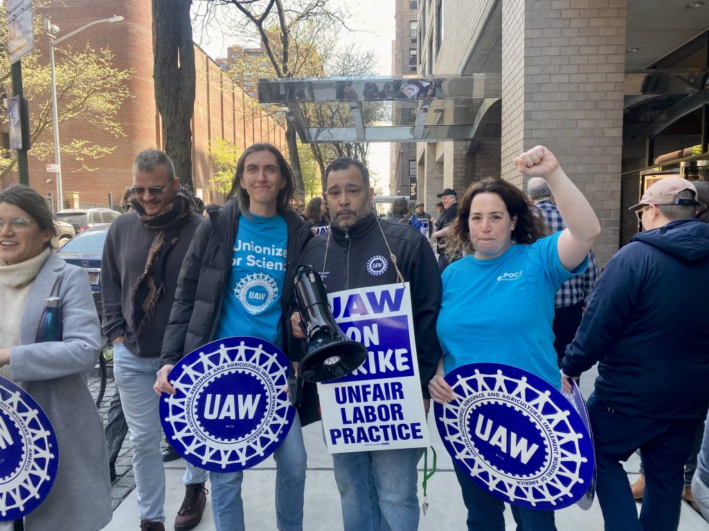 Union members from New York's Hispanic Society Museum and Library picket outside the Upper East Side home of museum chairman Philippe de Montebello. Photo by Sarah Cascone.